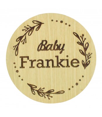 Laser Cut Oak Veneer Personalised Birth Announcement Plaque - Name with Leafs & Dots Frame